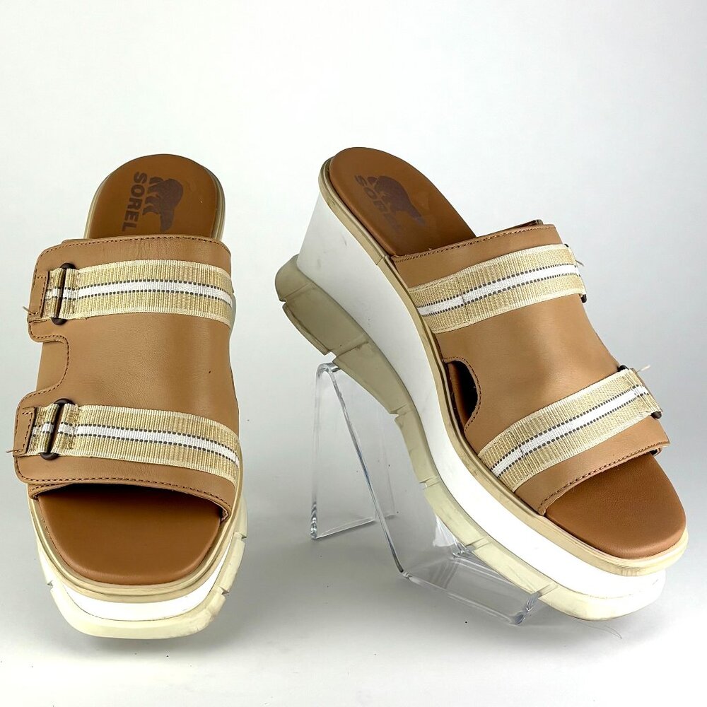 Sorel Dayspring Platform Slide Sandals Tan Leather Size 7.5